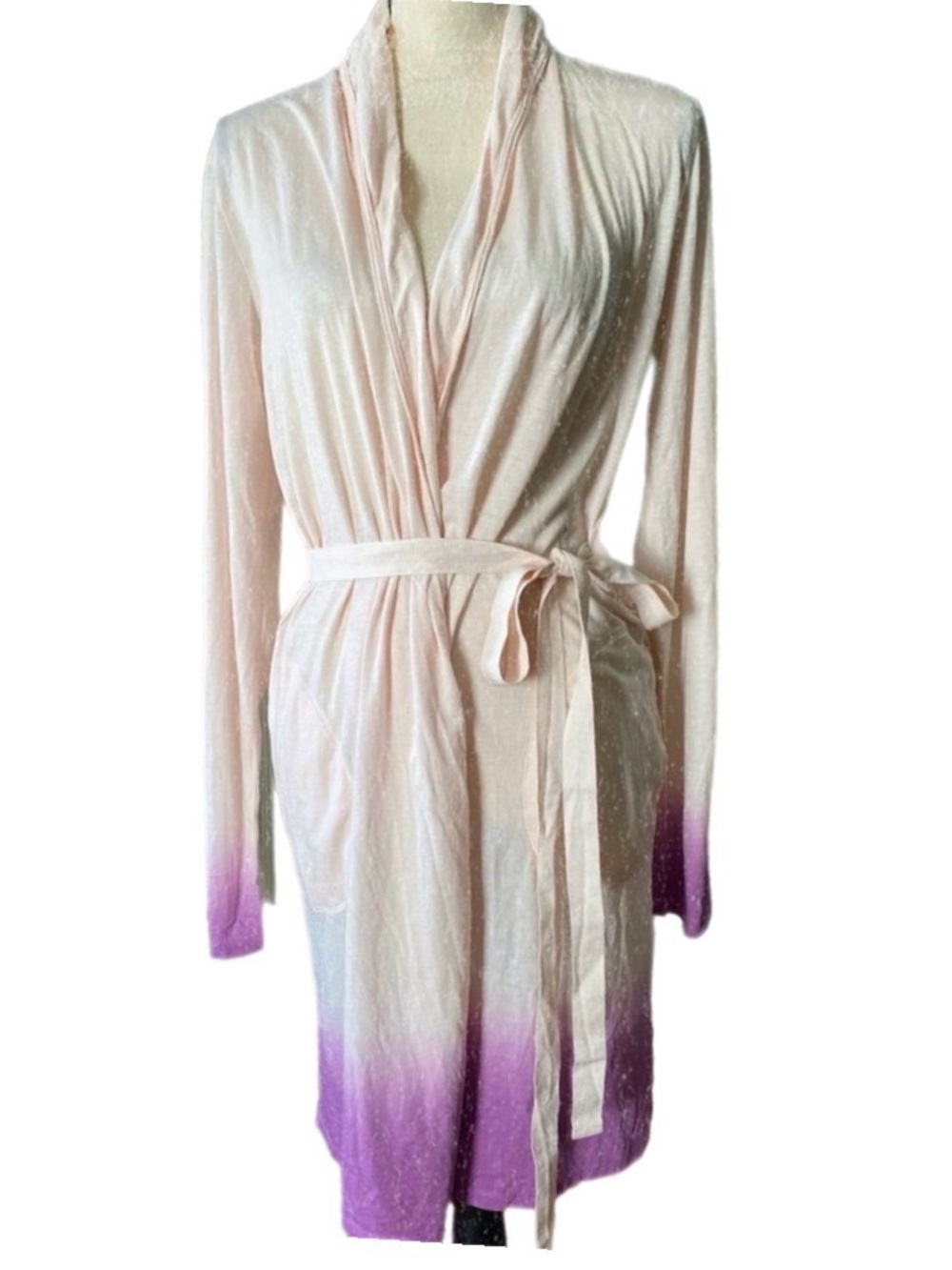 Skin Organic pink purple ombré long sleeves belted short buttery soft bathrobe